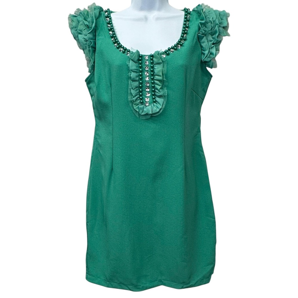 NWT‎ GiGi Generation Dress Womens XL Green Ruffle Beaded Cocktail Mini Shift